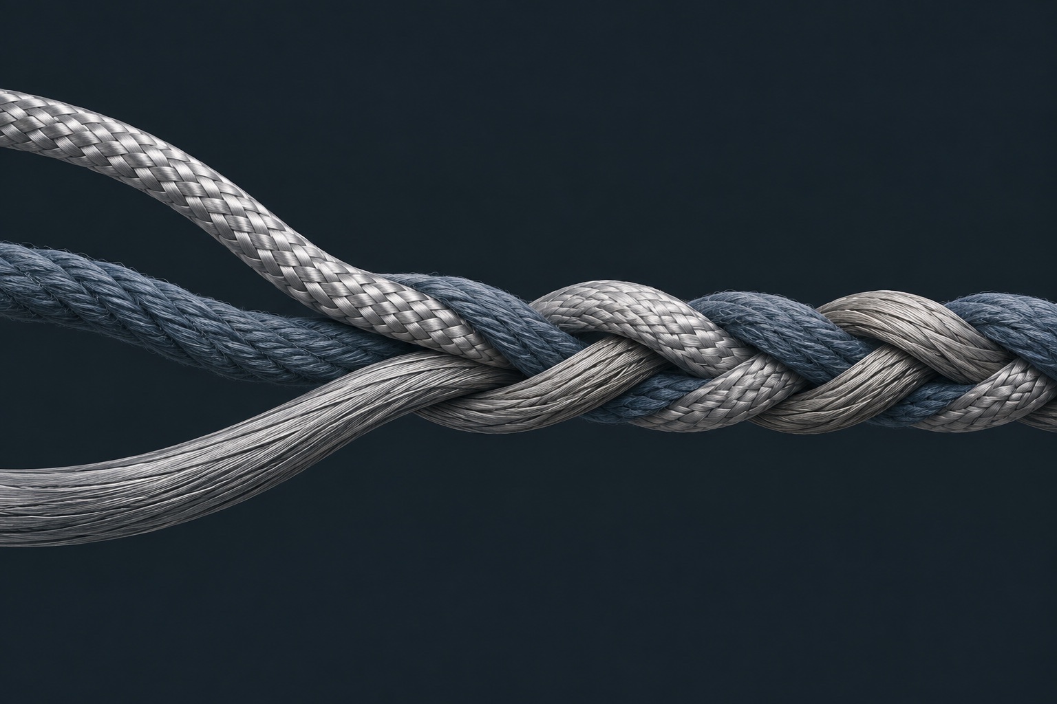 Three distinct silver and slate strands coming together into a single braid.