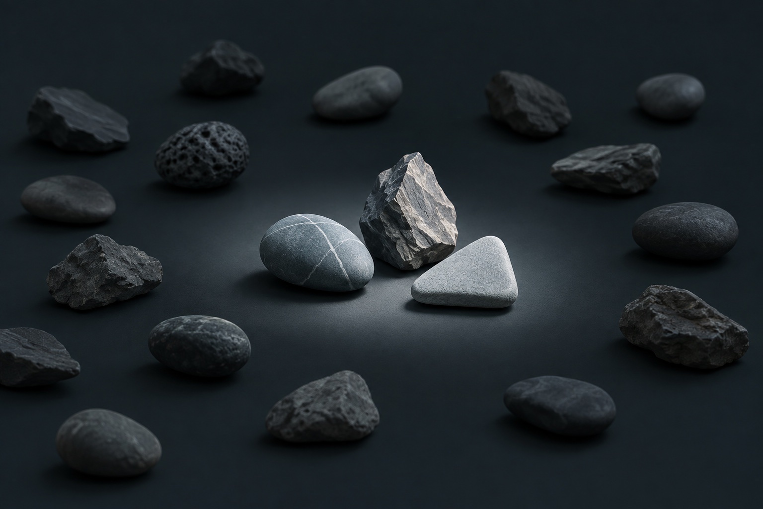Three selected stones illuminated among many quieter alternatives.